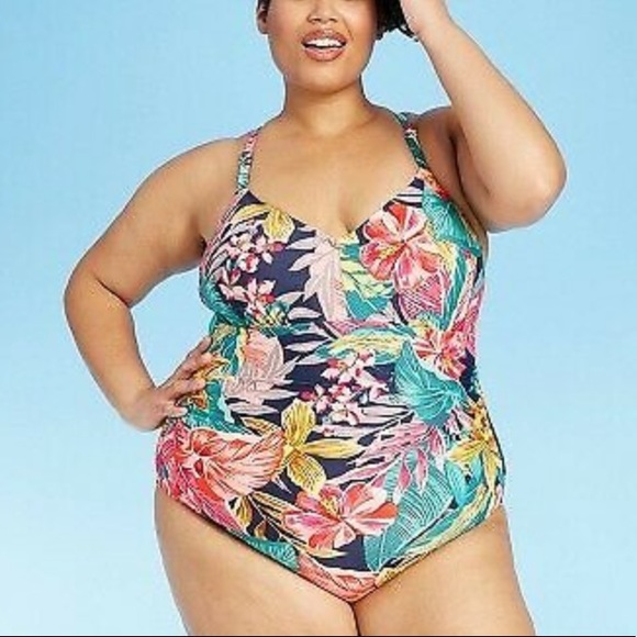 Over The Shoulder One Piece Swimsuit Tropical 18W - Picture 1 of 9